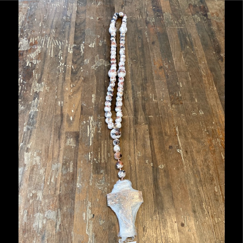 47.5” rustic painted wooden bead rosary with clay cross